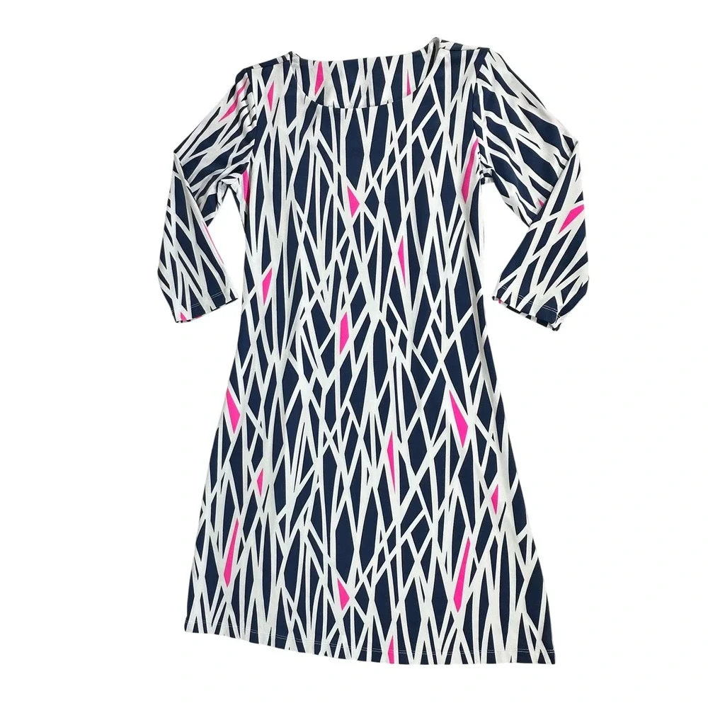 Mahi Gold Navy White‎ Pink Shift Dress Size XXS Geometric Print 3/4 Sleeve